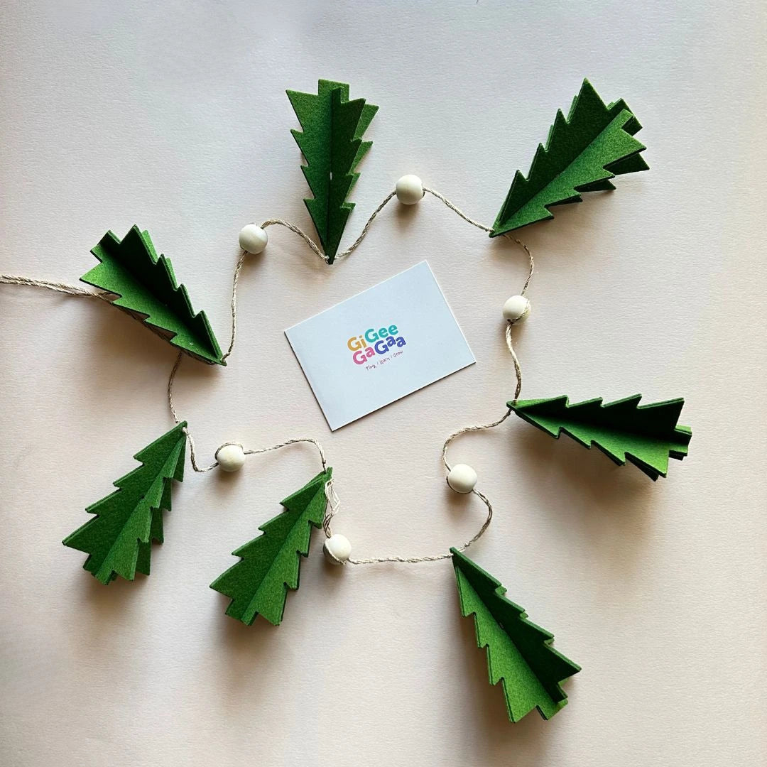 Olive Green Felt Christmas Garland – Handmade Holiday Hanging Decoration (Set of 7 Trees)