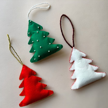 Christmas Tree Felt Ornaments – Hand-Stitched Hanging Set of 3 for X-mas Decor